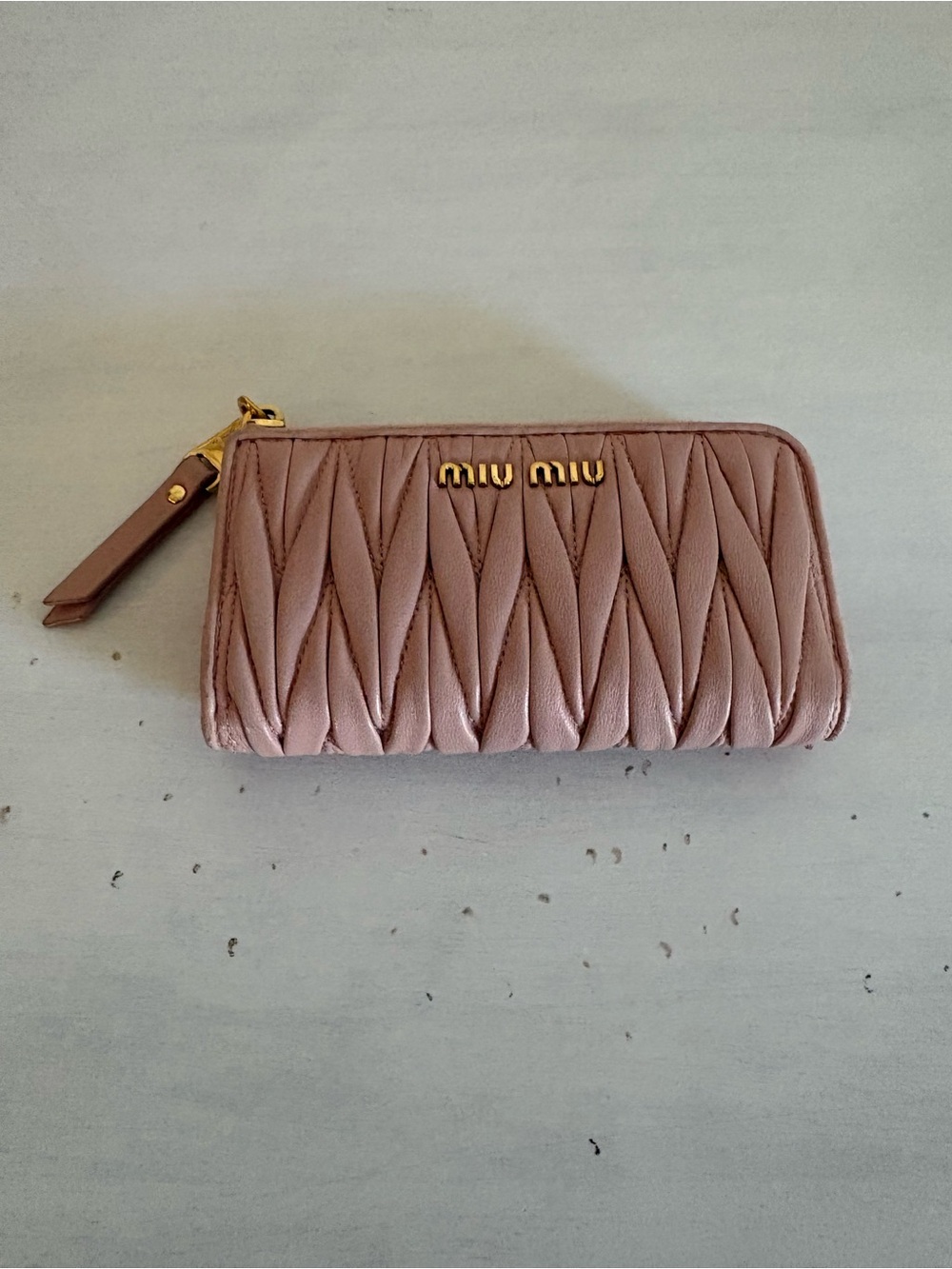 Miu Miu Quilted Leather Zip Wallet in Pink with Gold Hardware